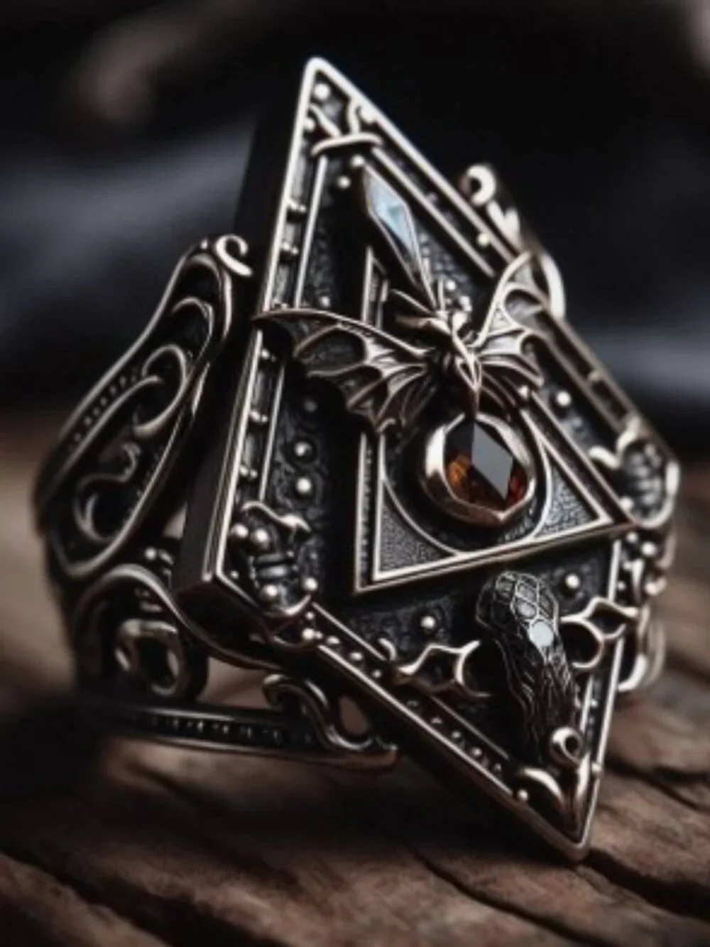 Retro Bat Rhombus Ring Gothic Copper Jewelry Brown Zirconia Stone